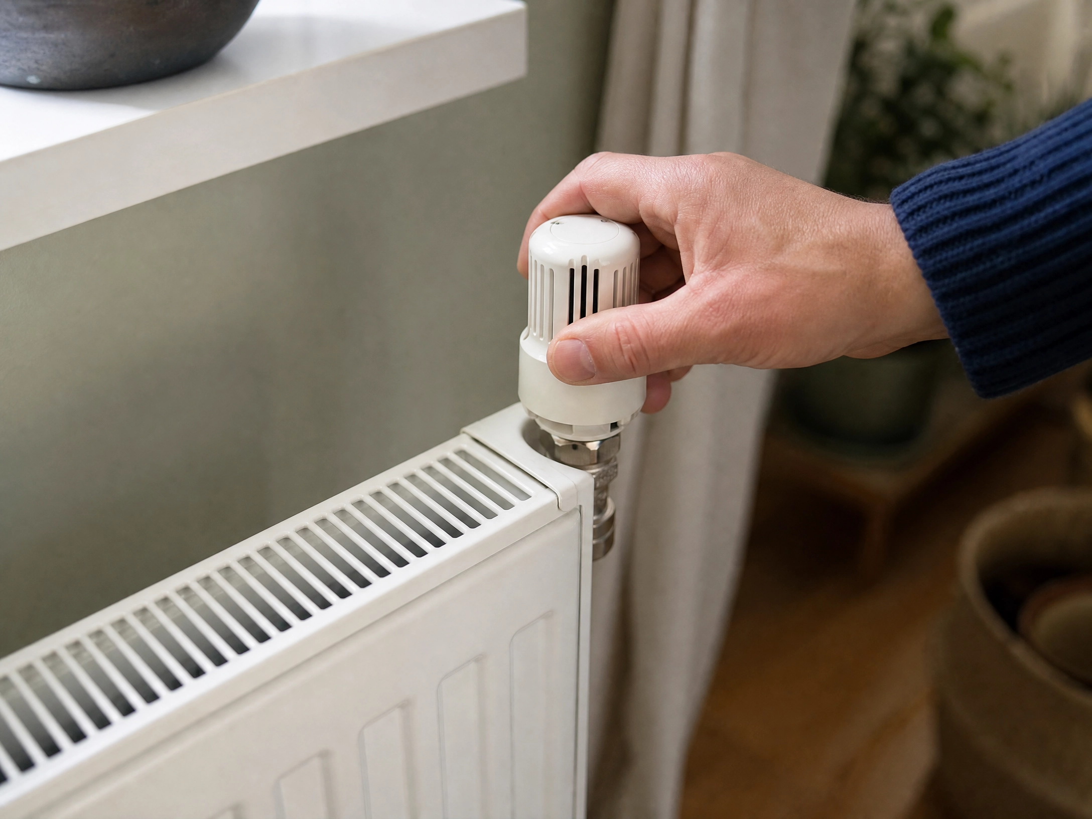 A hand turning the top valve on a domestic radiator