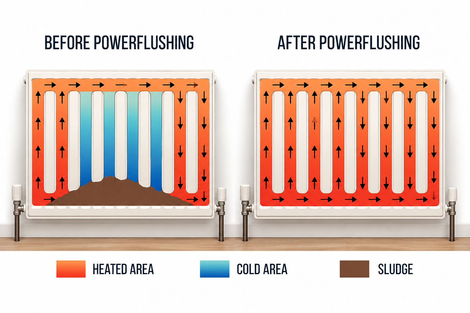 Before-and-after radiator diagram comparing cold areas and sludge before power flushing with a cleaner, evenly heated radiator after power flushing